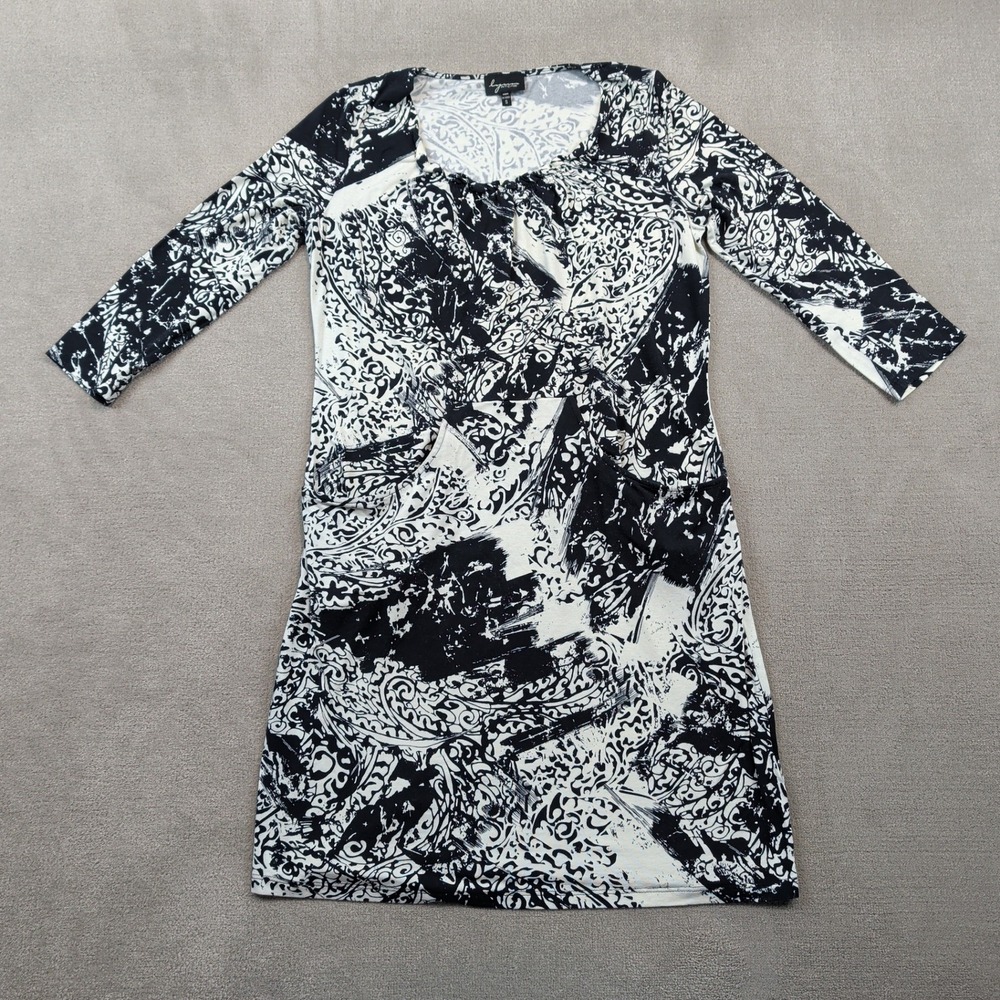 Lynn Ritchie Dress Small Womens Black White Abstract Paisley 3/4 Sleeve Pockets